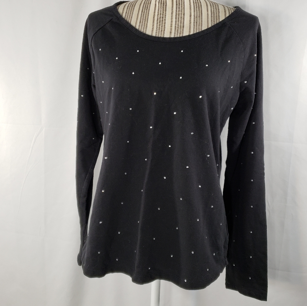 Notations Faux Diamond Gem Accents Long Sleeve Cotton Top Size Medium